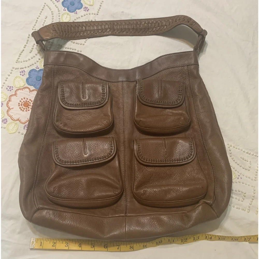Banana Republic Large Cow Leather Hobo Bag 4 pockets Whipstitch Braided Strap - Picture 3 of 12
